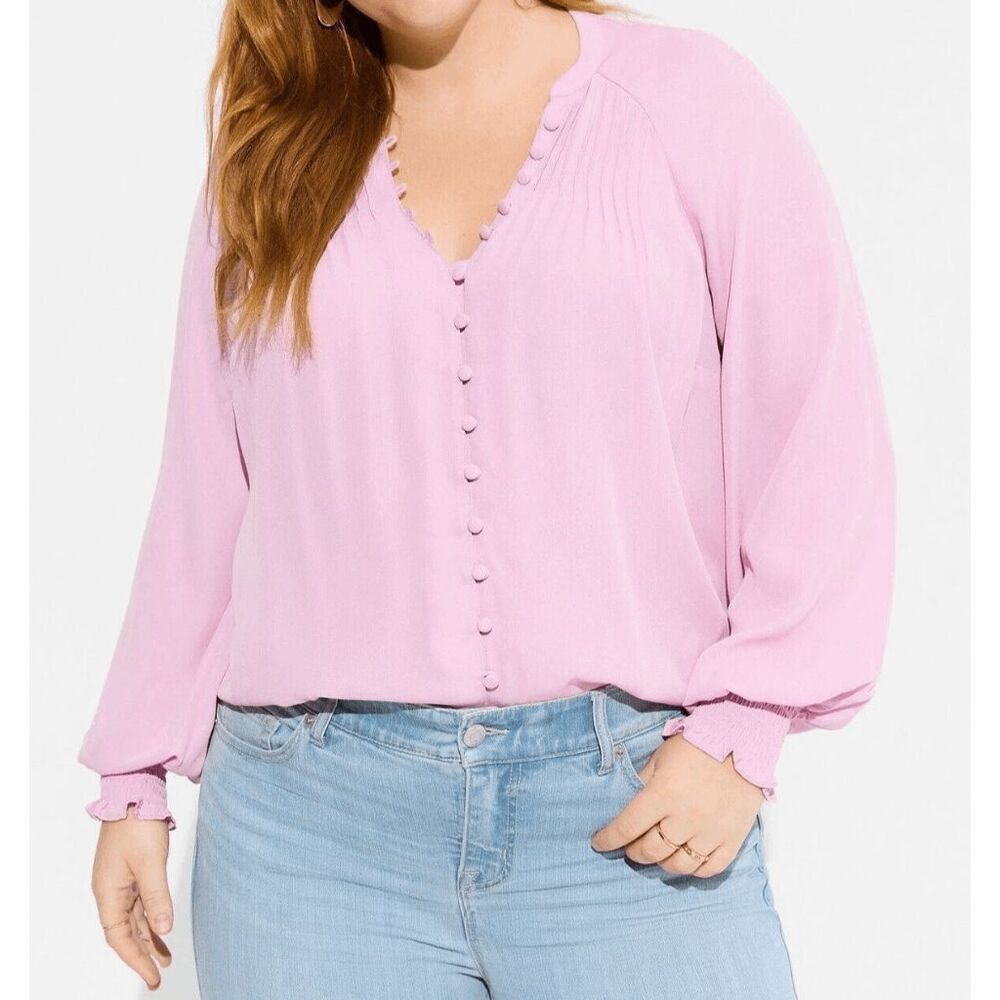 Torrid Georgette Light Pink Smocked Blouson Sleeve Blouse Size 0 Large - Picture 8 of 10